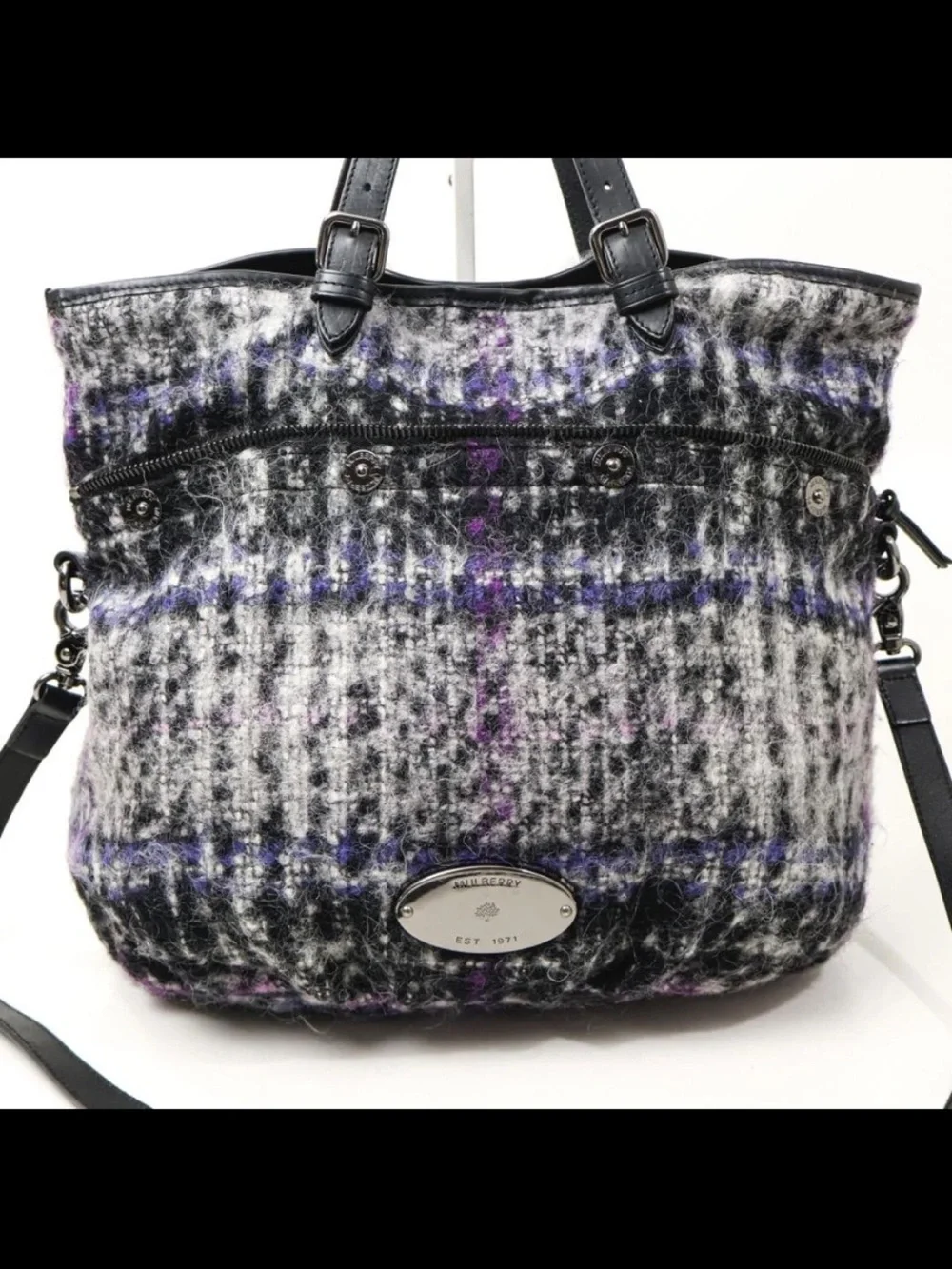 Mulberry Gray & Purple Plaid Wool Tote with Black Leather Trim